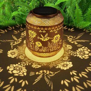 Metal Outdoor Hanging Solar Lantern, Hummingbird & Flowers, 8-10hrs Illuminated